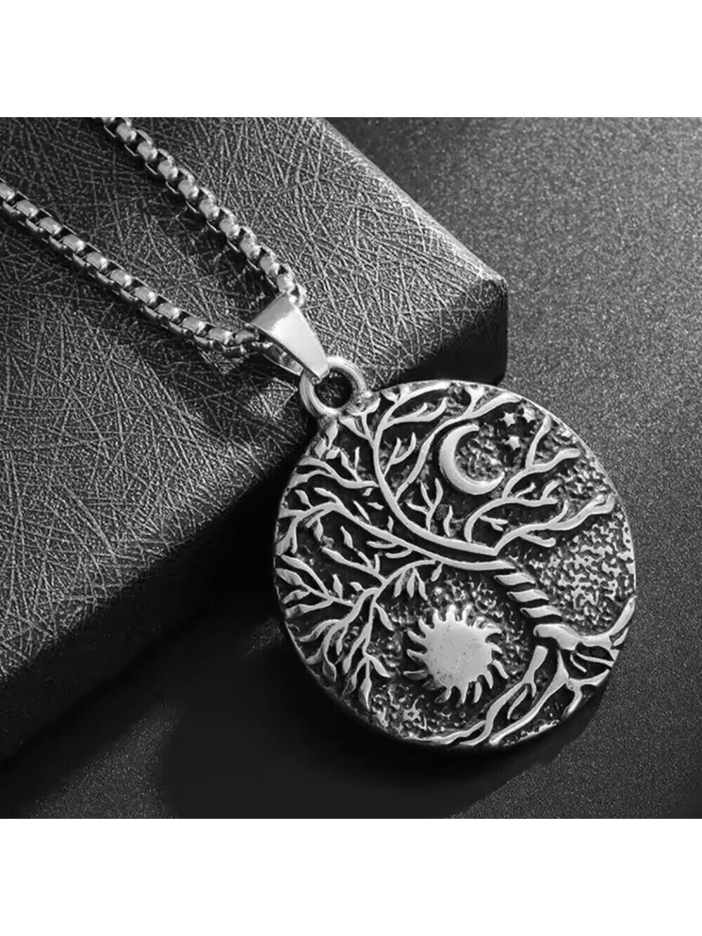 Boho Stainless Steel Tree of Life Pendant Necklace - Sun & Moon Design #1525